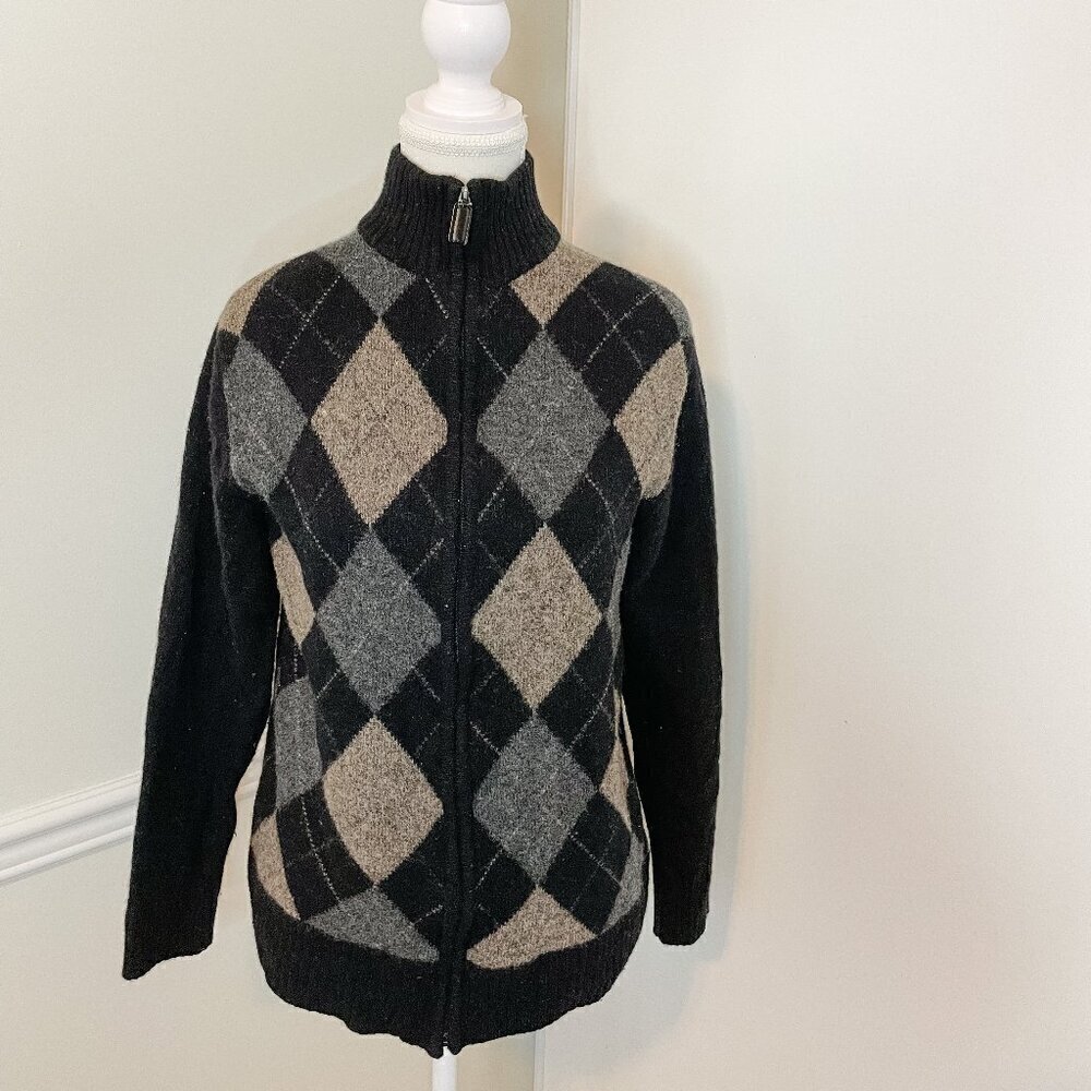 Mantles Wool Cashmere Front Zip Argyle Sweater Small